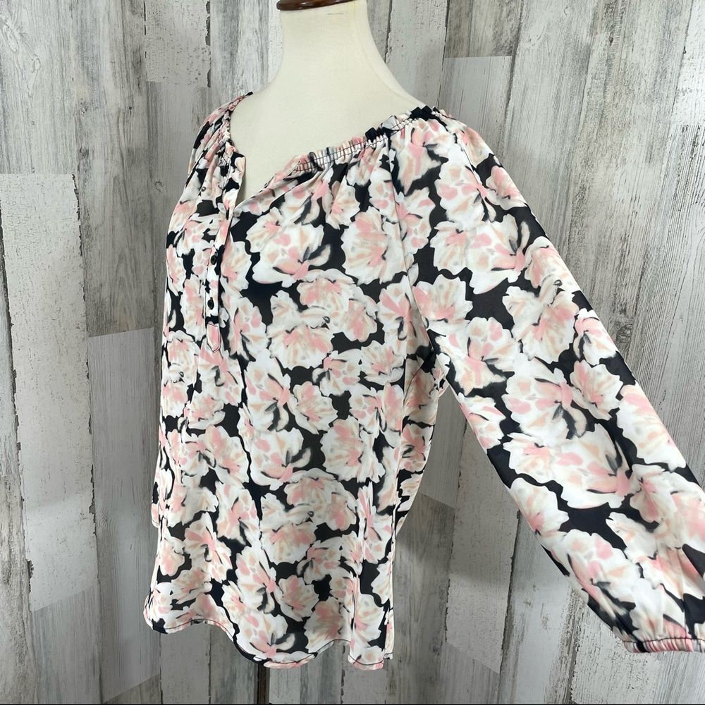 Apt 9 Women’s Pink Black Floral V Neck Semi Sheer Long Sleeve Blouse Top Shirt M